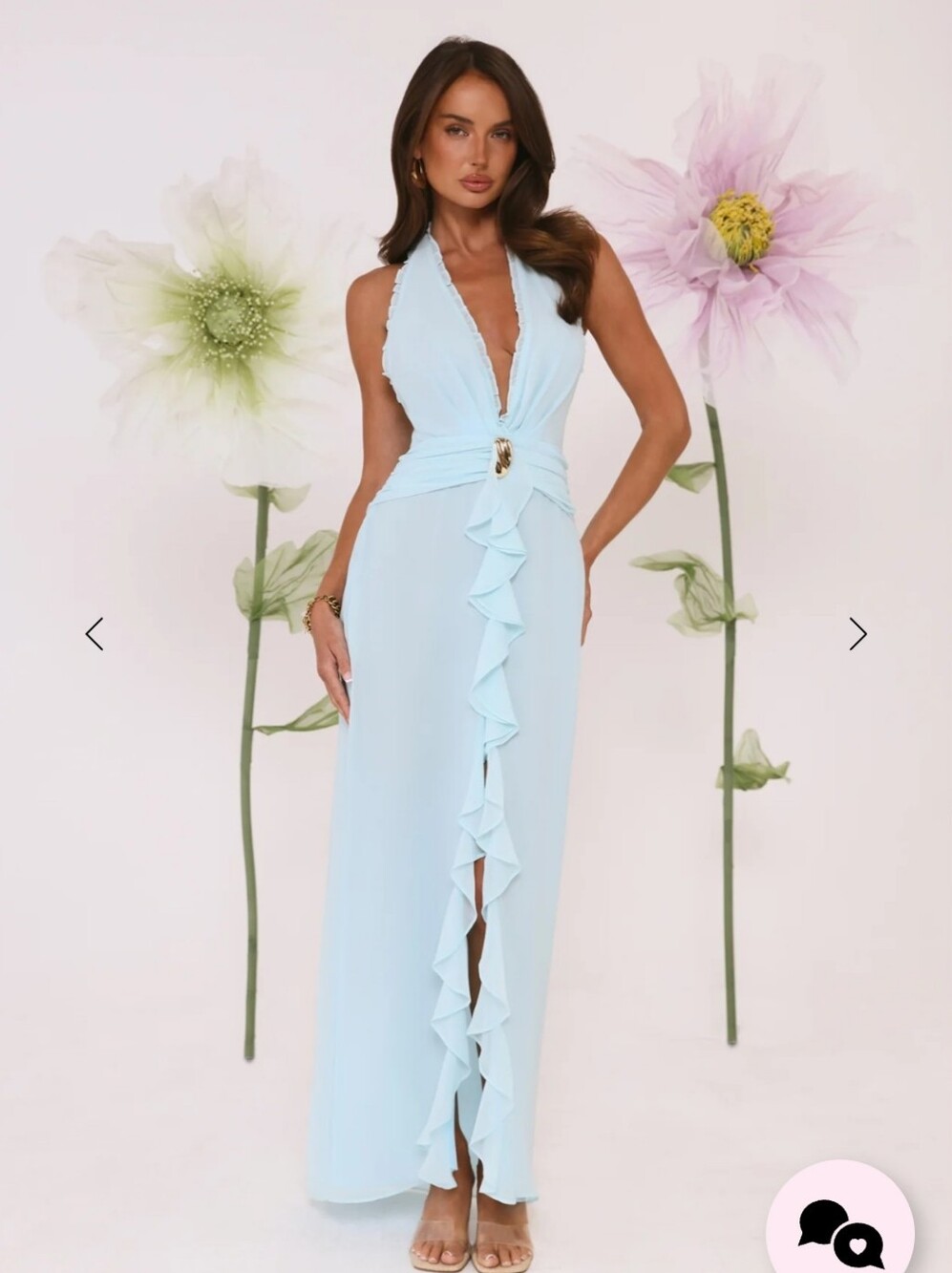 HelloMolly Plunge Halter Ruffle Front Evening Dress in Light Blue